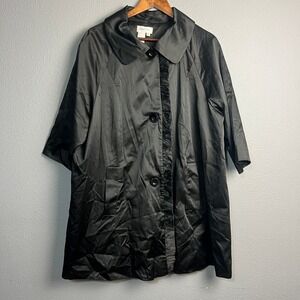 Newport News Black Sleek Ruffle Front Long Coat Jacket Peter Pan Collar Size 16